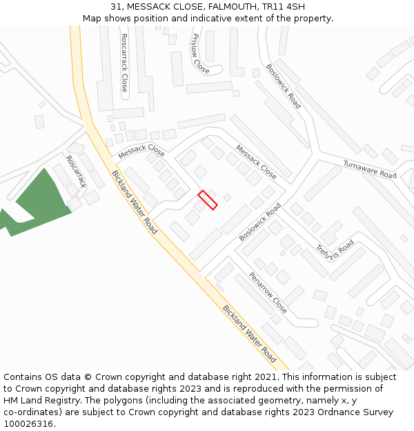 31, MESSACK CLOSE, FALMOUTH, TR11 4SH: Location map and indicative extent of plot