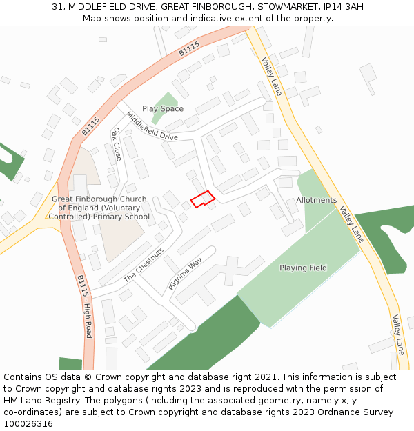 31, MIDDLEFIELD DRIVE, GREAT FINBOROUGH, STOWMARKET, IP14 3AH: Location map and indicative extent of plot