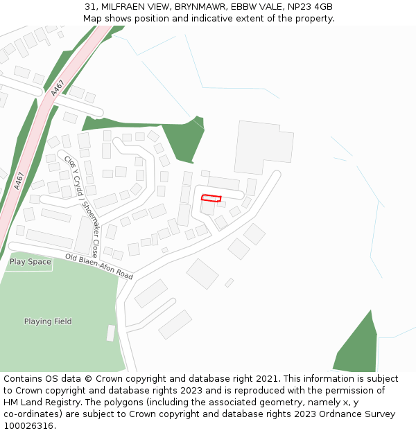 31, MILFRAEN VIEW, BRYNMAWR, EBBW VALE, NP23 4GB: Location map and indicative extent of plot