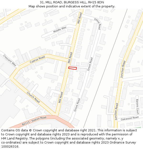 31, MILL ROAD, BURGESS HILL, RH15 8DN: Location map and indicative extent of plot