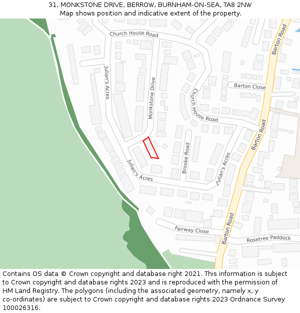 31, MONKSTONE DRIVE, BERROW, BURNHAM-ON-SEA, TA8 2NW: Location map and indicative extent of plot