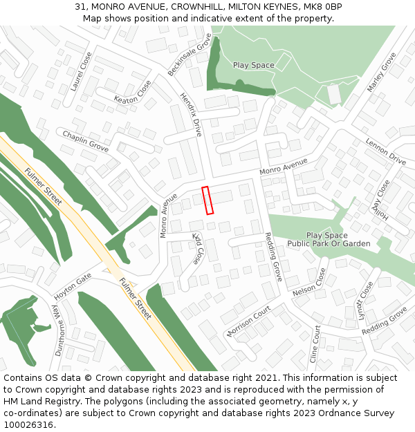 31, MONRO AVENUE, CROWNHILL, MILTON KEYNES, MK8 0BP: Location map and indicative extent of plot