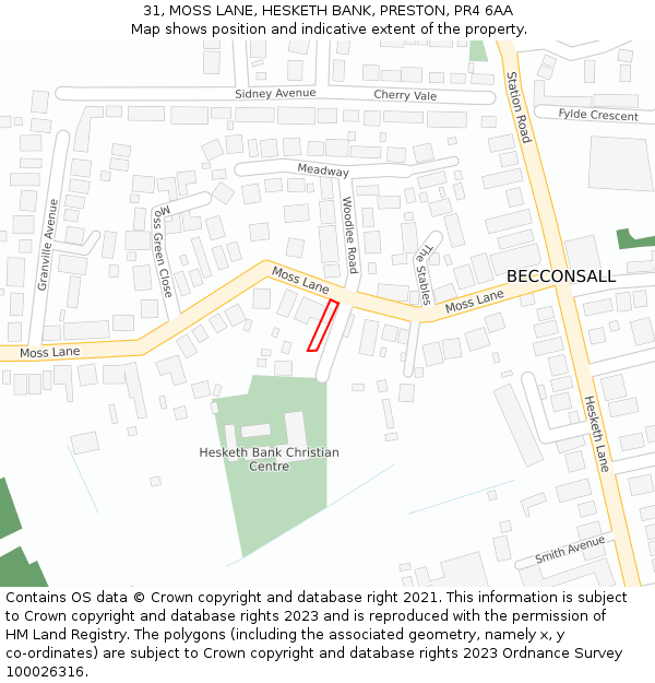 31, MOSS LANE, HESKETH BANK, PRESTON, PR4 6AA: Location map and indicative extent of plot