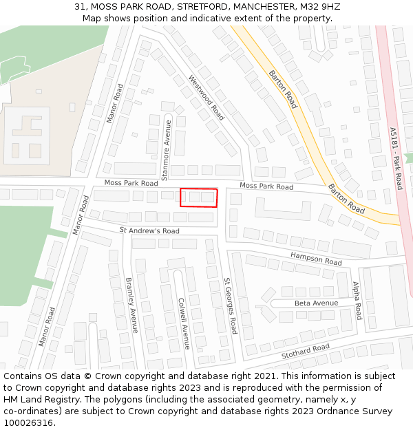 31, MOSS PARK ROAD, STRETFORD, MANCHESTER, M32 9HZ: Location map and indicative extent of plot