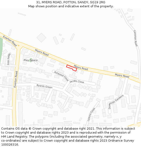 31, MYERS ROAD, POTTON, SANDY, SG19 2RG: Location map and indicative extent of plot