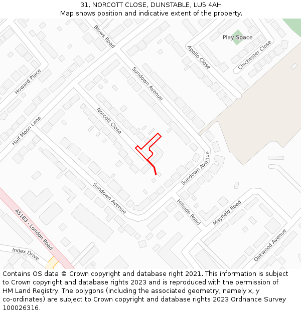 31, NORCOTT CLOSE, DUNSTABLE, LU5 4AH: Location map and indicative extent of plot