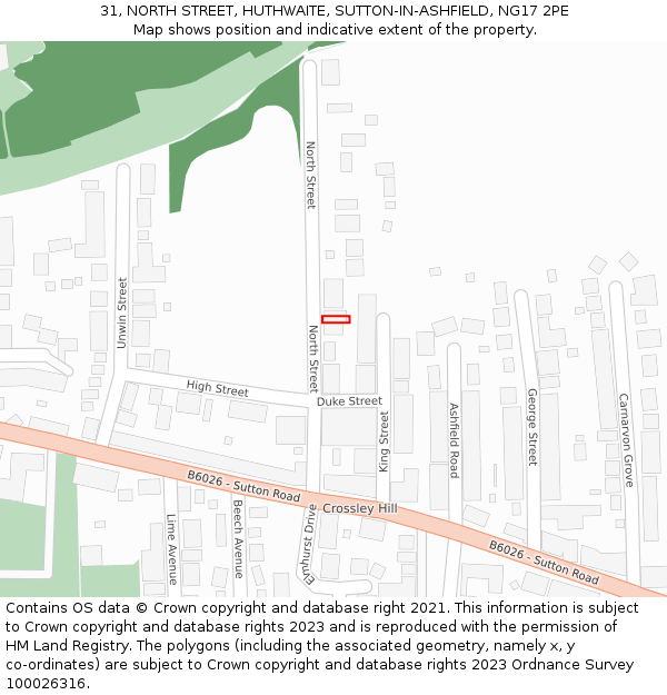 31, NORTH STREET, HUTHWAITE, SUTTON-IN-ASHFIELD, NG17 2PE: Location map and indicative extent of plot