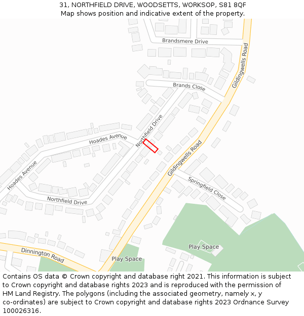 31, NORTHFIELD DRIVE, WOODSETTS, WORKSOP, S81 8QF: Location map and indicative extent of plot