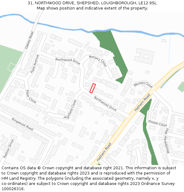 31, NORTHWOOD DRIVE, SHEPSHED, LOUGHBOROUGH, LE12 9SL: Location map and indicative extent of plot