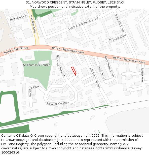 31, NORWOOD CRESCENT, STANNINGLEY, PUDSEY, LS28 6NG: Location map and indicative extent of plot