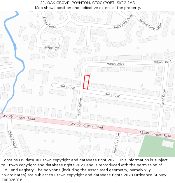 31, OAK GROVE, POYNTON, STOCKPORT, SK12 1AD: Location map and indicative extent of plot