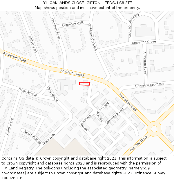 31, OAKLANDS CLOSE, GIPTON, LEEDS, LS8 3TE: Location map and indicative extent of plot