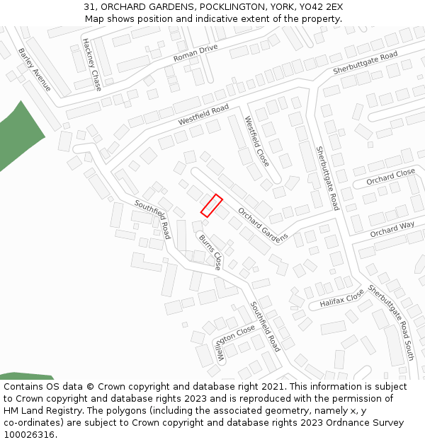 31, ORCHARD GARDENS, POCKLINGTON, YORK, YO42 2EX: Location map and indicative extent of plot