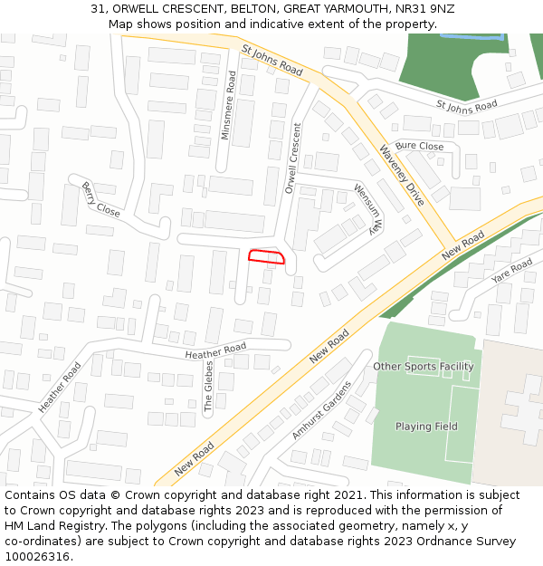 31, ORWELL CRESCENT, BELTON, GREAT YARMOUTH, NR31 9NZ: Location map and indicative extent of plot