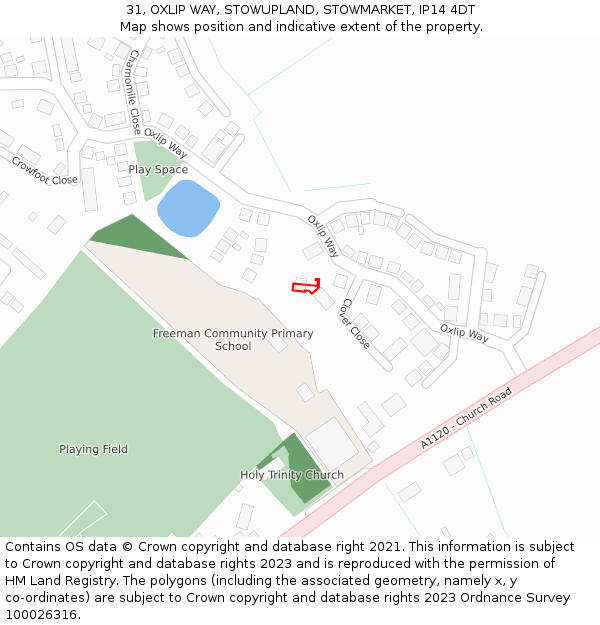 31, OXLIP WAY, STOWUPLAND, STOWMARKET, IP14 4DT: Location map and indicative extent of plot