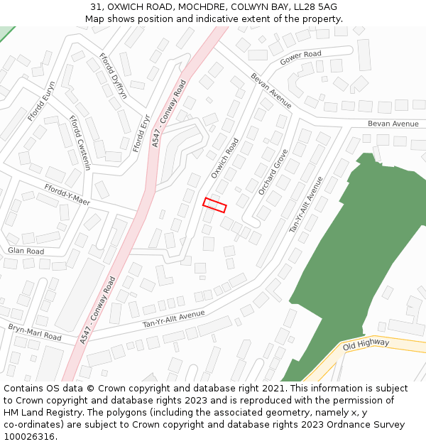 31, OXWICH ROAD, MOCHDRE, COLWYN BAY, LL28 5AG: Location map and indicative extent of plot