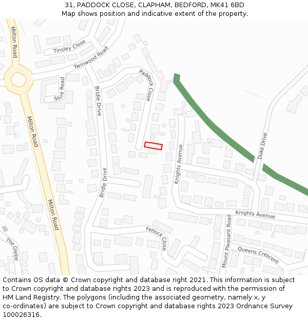 31, PADDOCK CLOSE, CLAPHAM, BEDFORD, MK41 6BD: Location map and indicative extent of plot