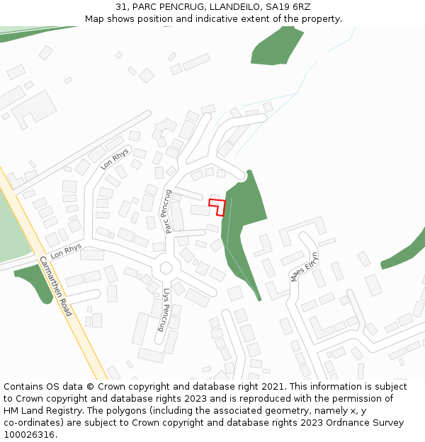 31, PARC PENCRUG, LLANDEILO, SA19 6RZ: Location map and indicative extent of plot