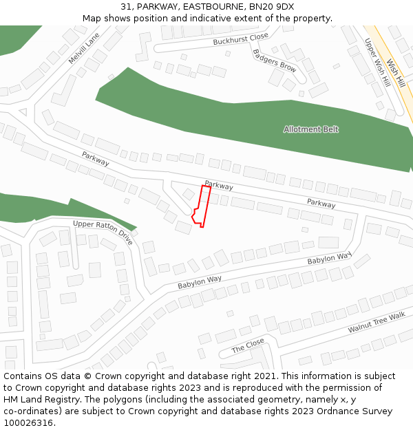 31, PARKWAY, EASTBOURNE, BN20 9DX: Location map and indicative extent of plot