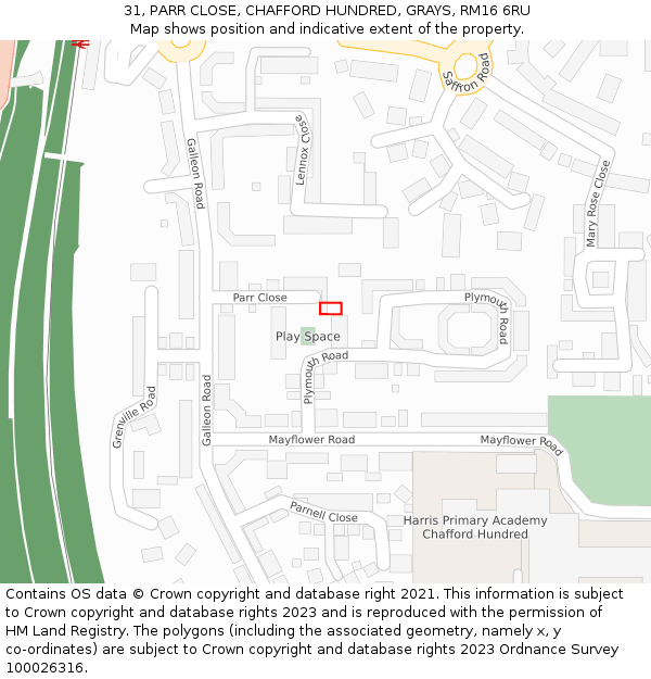 31, PARR CLOSE, CHAFFORD HUNDRED, GRAYS, RM16 6RU: Location map and indicative extent of plot