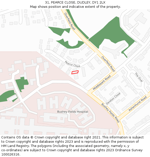 31, PEARCE CLOSE, DUDLEY, DY1 2LX: Location map and indicative extent of plot