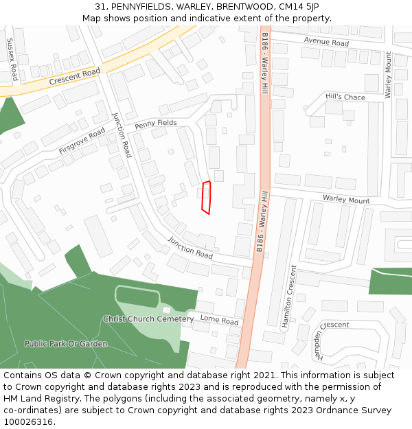 31, PENNYFIELDS, WARLEY, BRENTWOOD, CM14 5JP: Location map and indicative extent of plot