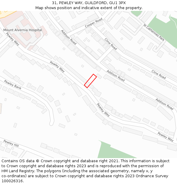 31, PEWLEY WAY, GUILDFORD, GU1 3PX: Location map and indicative extent of plot