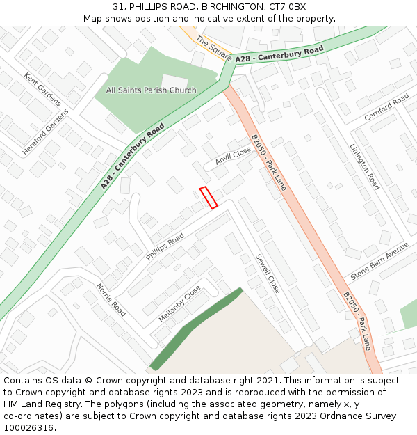 31, PHILLIPS ROAD, BIRCHINGTON, CT7 0BX: Location map and indicative extent of plot