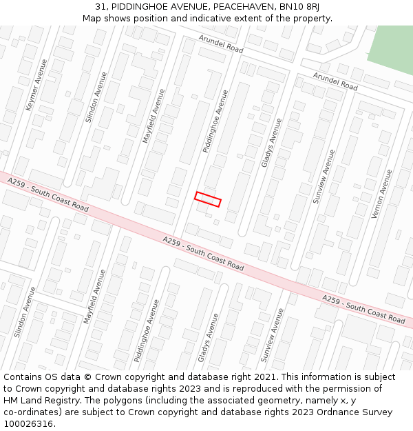 31, PIDDINGHOE AVENUE, PEACEHAVEN, BN10 8RJ: Location map and indicative extent of plot