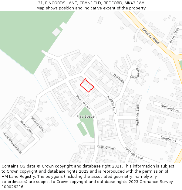 31, PINCORDS LANE, CRANFIELD, BEDFORD, MK43 1AA: Location map and indicative extent of plot