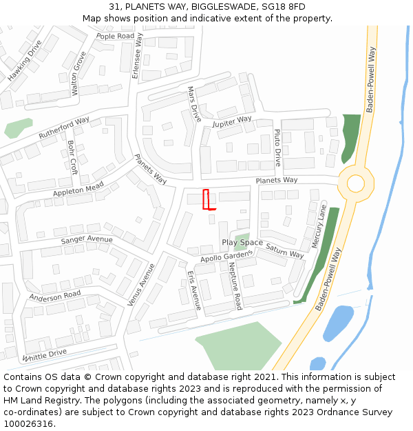 31, PLANETS WAY, BIGGLESWADE, SG18 8FD: Location map and indicative extent of plot
