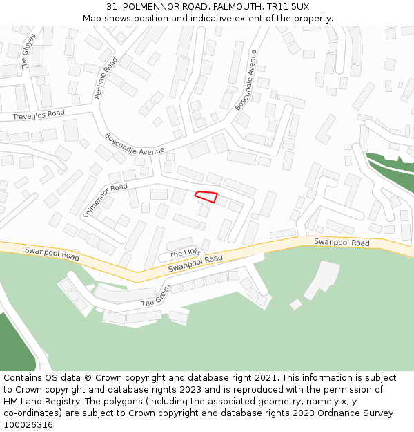 31, POLMENNOR ROAD, FALMOUTH, TR11 5UX: Location map and indicative extent of plot