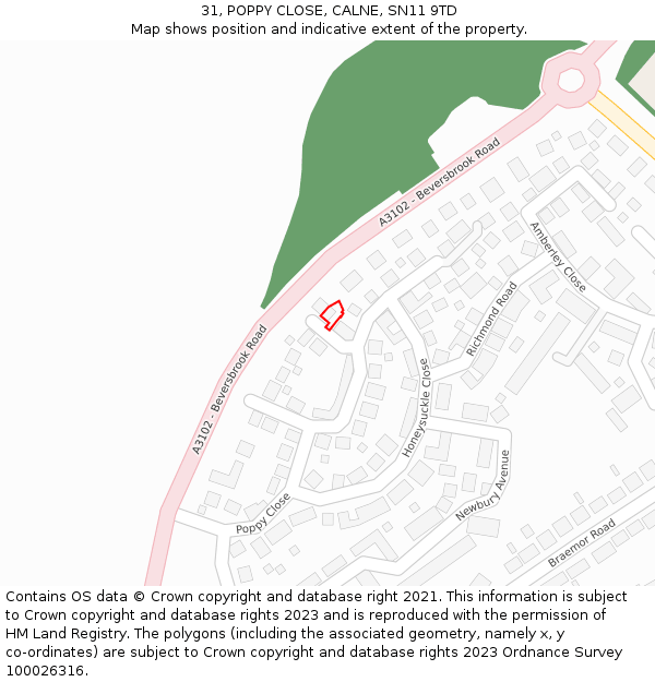 31, POPPY CLOSE, CALNE, SN11 9TD: Location map and indicative extent of plot