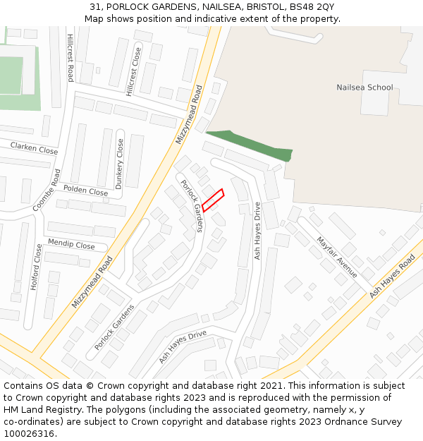 31, PORLOCK GARDENS, NAILSEA, BRISTOL, BS48 2QY: Location map and indicative extent of plot