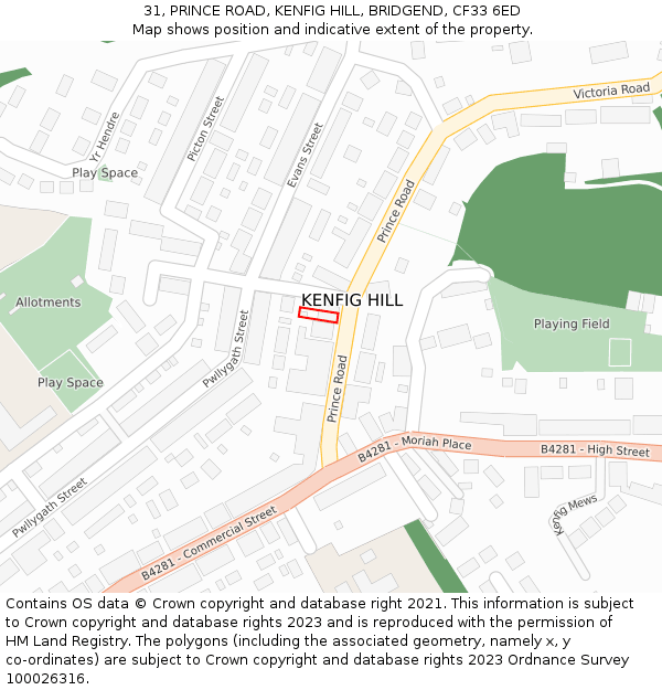 31, PRINCE ROAD, KENFIG HILL, BRIDGEND, CF33 6ED: Location map and indicative extent of plot