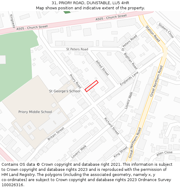 31, PRIORY ROAD, DUNSTABLE, LU5 4HR: Location map and indicative extent of plot