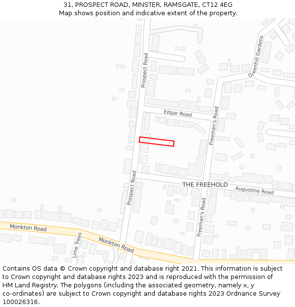 31, PROSPECT ROAD, MINSTER, RAMSGATE, CT12 4EG: Location map and indicative extent of plot