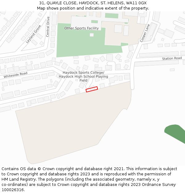 31, QUAYLE CLOSE, HAYDOCK, ST. HELENS, WA11 0GX: Location map and indicative extent of plot
