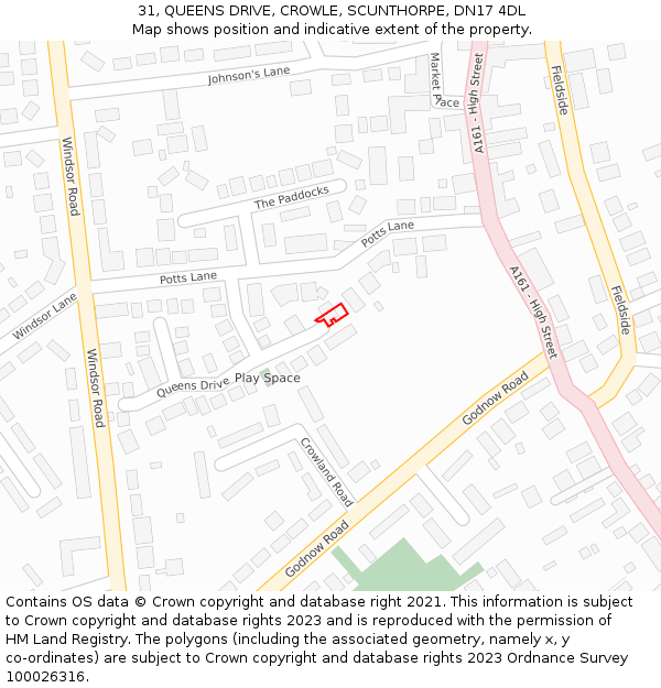 31, QUEENS DRIVE, CROWLE, SCUNTHORPE, DN17 4DL: Location map and indicative extent of plot