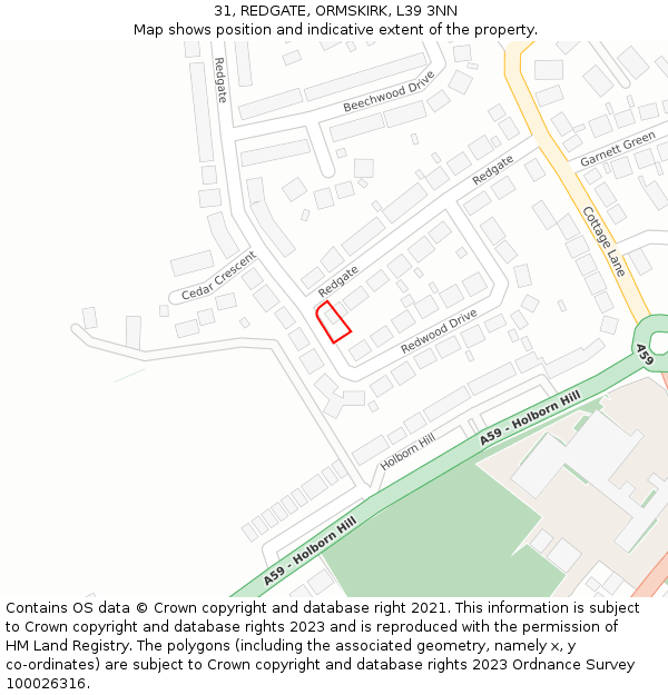 31, REDGATE, ORMSKIRK, L39 3NN: Location map and indicative extent of plot