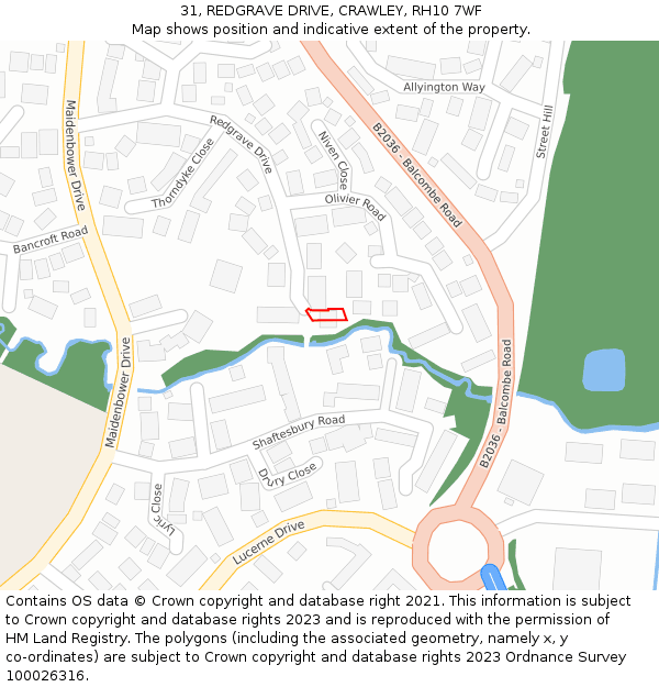 31, REDGRAVE DRIVE, CRAWLEY, RH10 7WF: Location map and indicative extent of plot