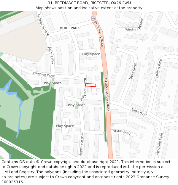 31, REEDMACE ROAD, BICESTER, OX26 3WN: Location map and indicative extent of plot