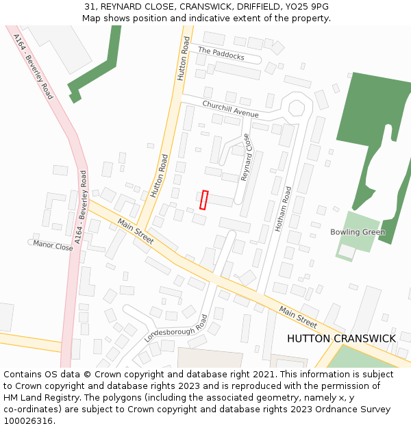 31, REYNARD CLOSE, CRANSWICK, DRIFFIELD, YO25 9PG: Location map and indicative extent of plot
