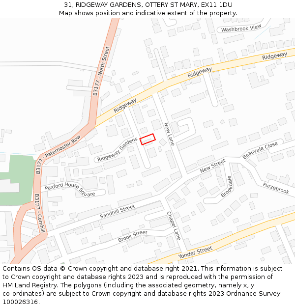 31, RIDGEWAY GARDENS, OTTERY ST MARY, EX11 1DU: Location map and indicative extent of plot