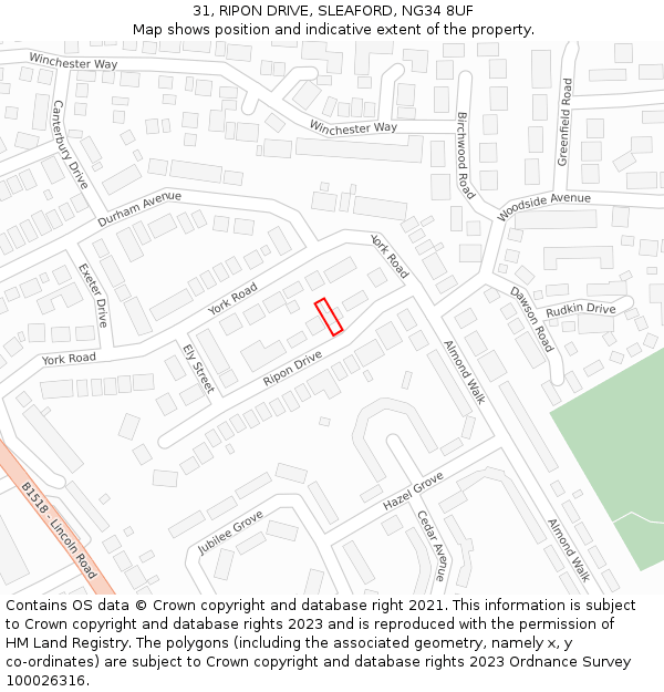31, RIPON DRIVE, SLEAFORD, NG34 8UF: Location map and indicative extent of plot