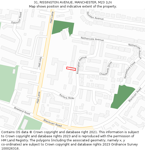 31, RISSINGTON AVENUE, MANCHESTER, M23 1LN: Location map and indicative extent of plot