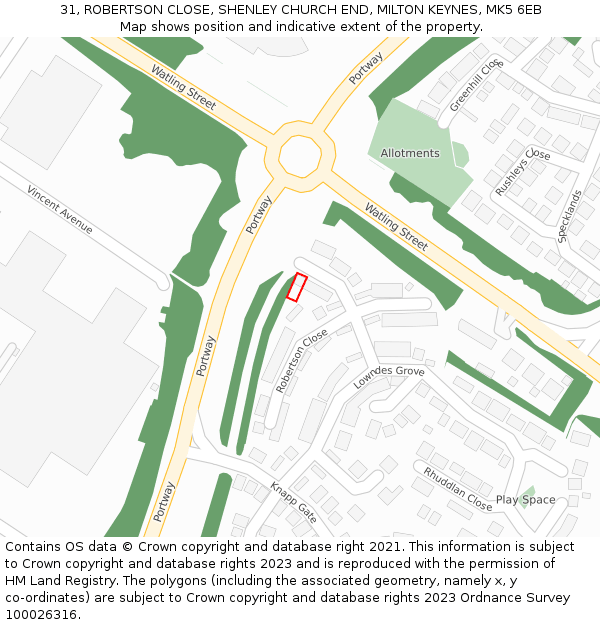 31, ROBERTSON CLOSE, SHENLEY CHURCH END, MILTON KEYNES, MK5 6EB: Location map and indicative extent of plot