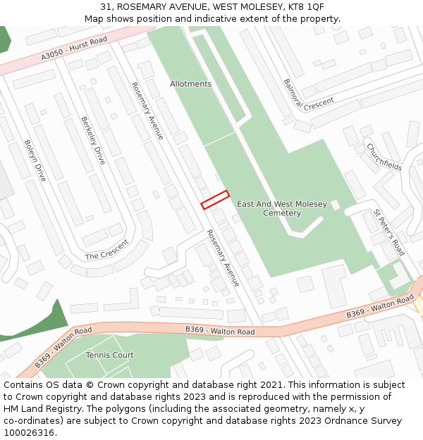 31, ROSEMARY AVENUE, WEST MOLESEY, KT8 1QF: Location map and indicative extent of plot