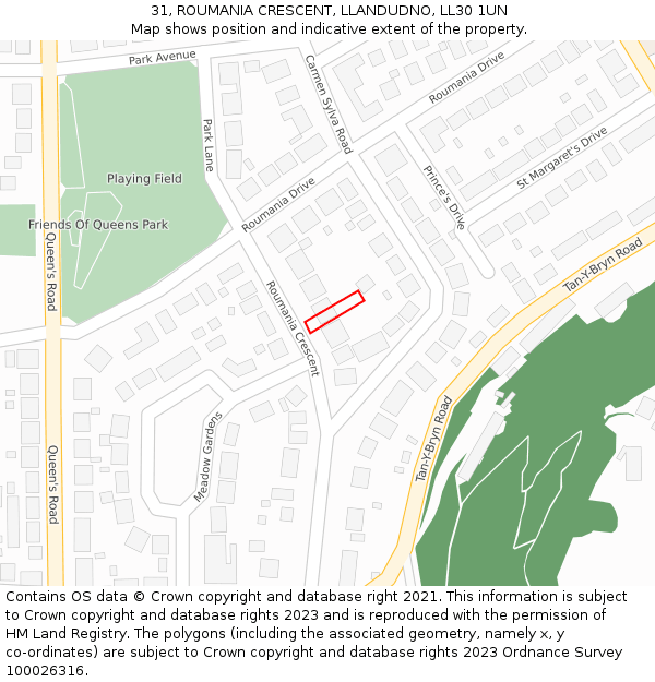 31, ROUMANIA CRESCENT, LLANDUDNO, LL30 1UN: Location map and indicative extent of plot