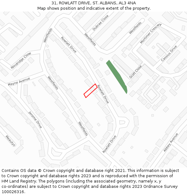 31, ROWLATT DRIVE, ST. ALBANS, AL3 4NA: Location map and indicative extent of plot